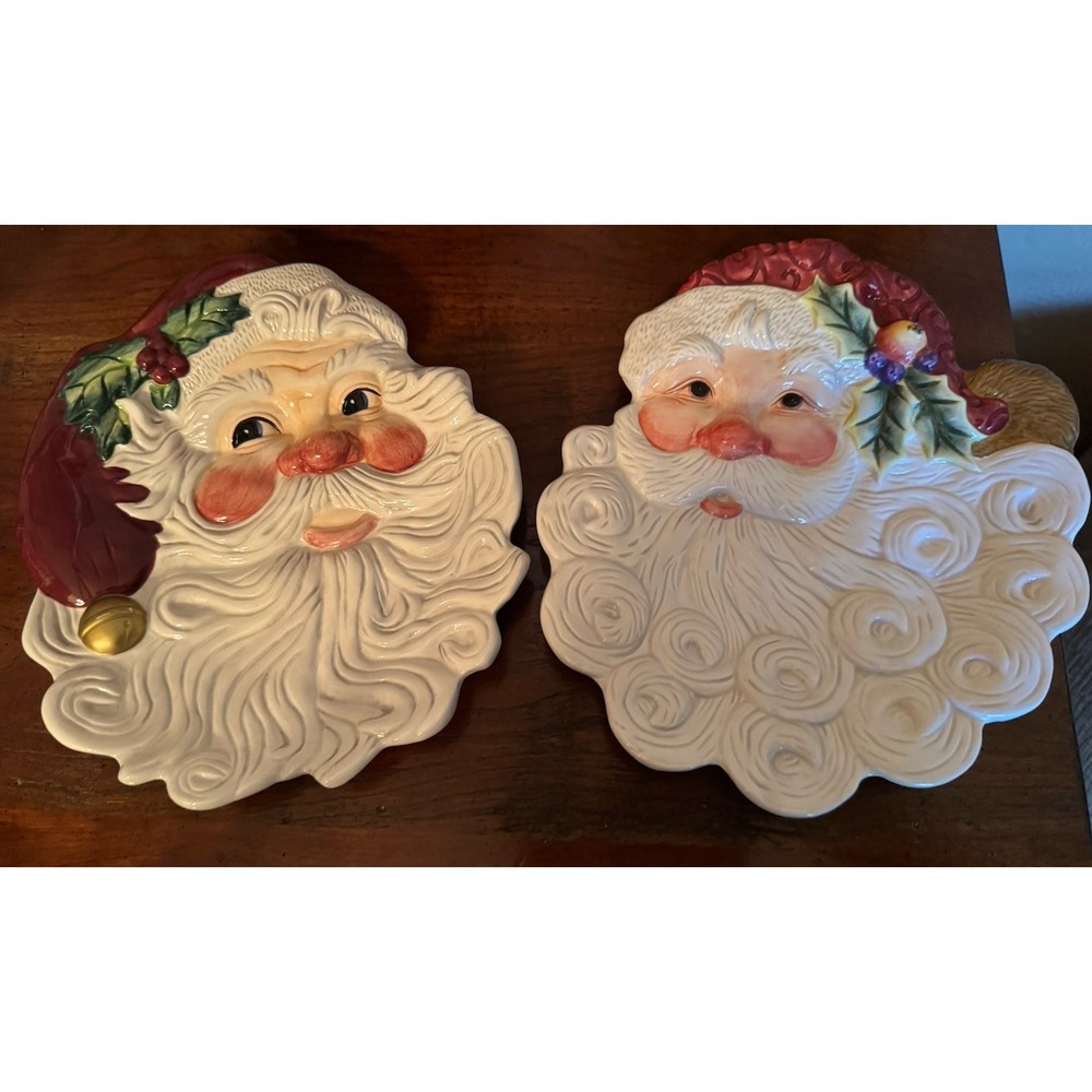 Set 2 Fitz And Floyd Santa Face Canape Plates Christmas Holiday Serving Dishes